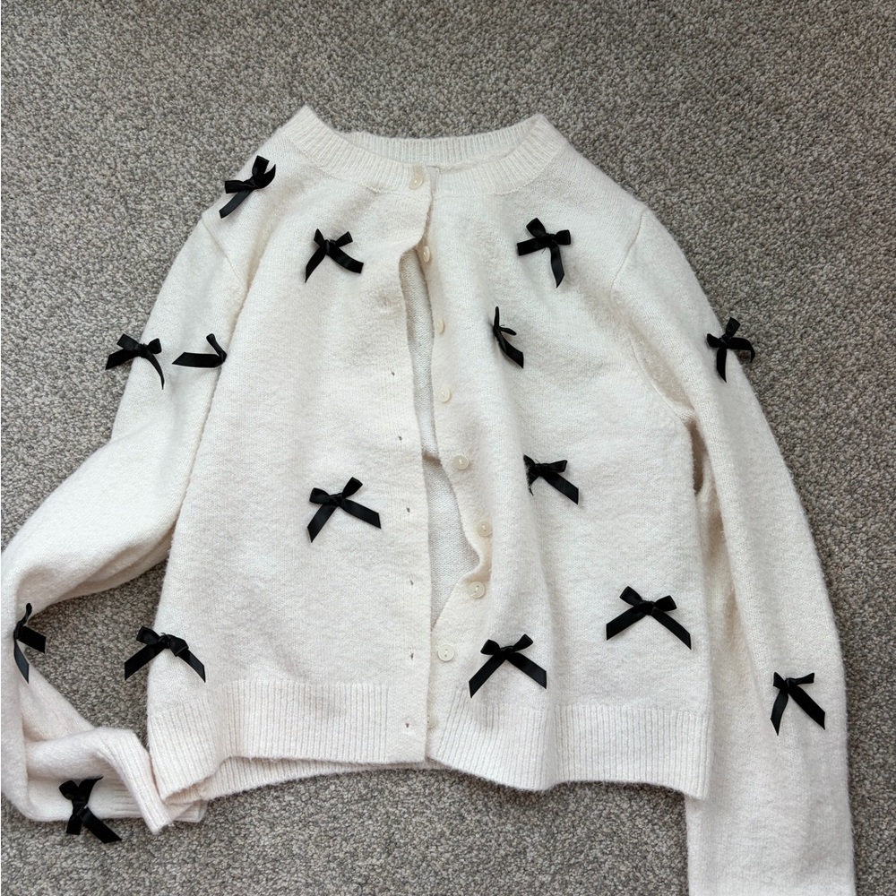 a new day Cream Knit Cardigan with Black Bow Trim